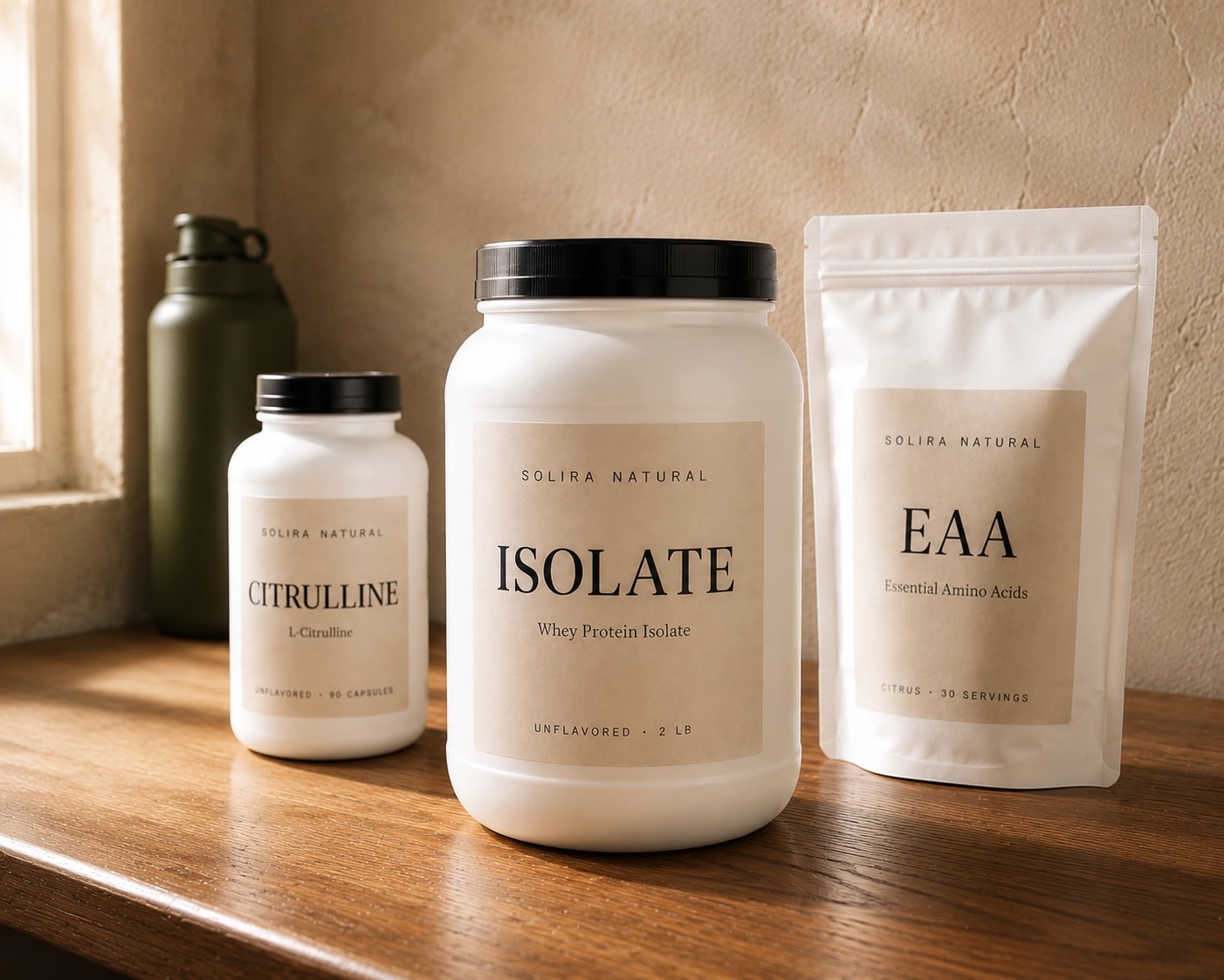 Citrulline, Isolate and EAA on a wood counter in raking afternoon light.
